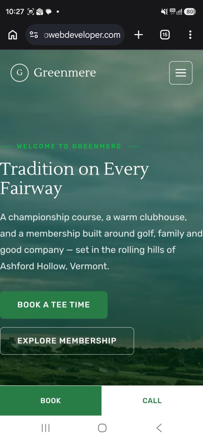 Greenmere Country Club golf club website, homepage on mobile